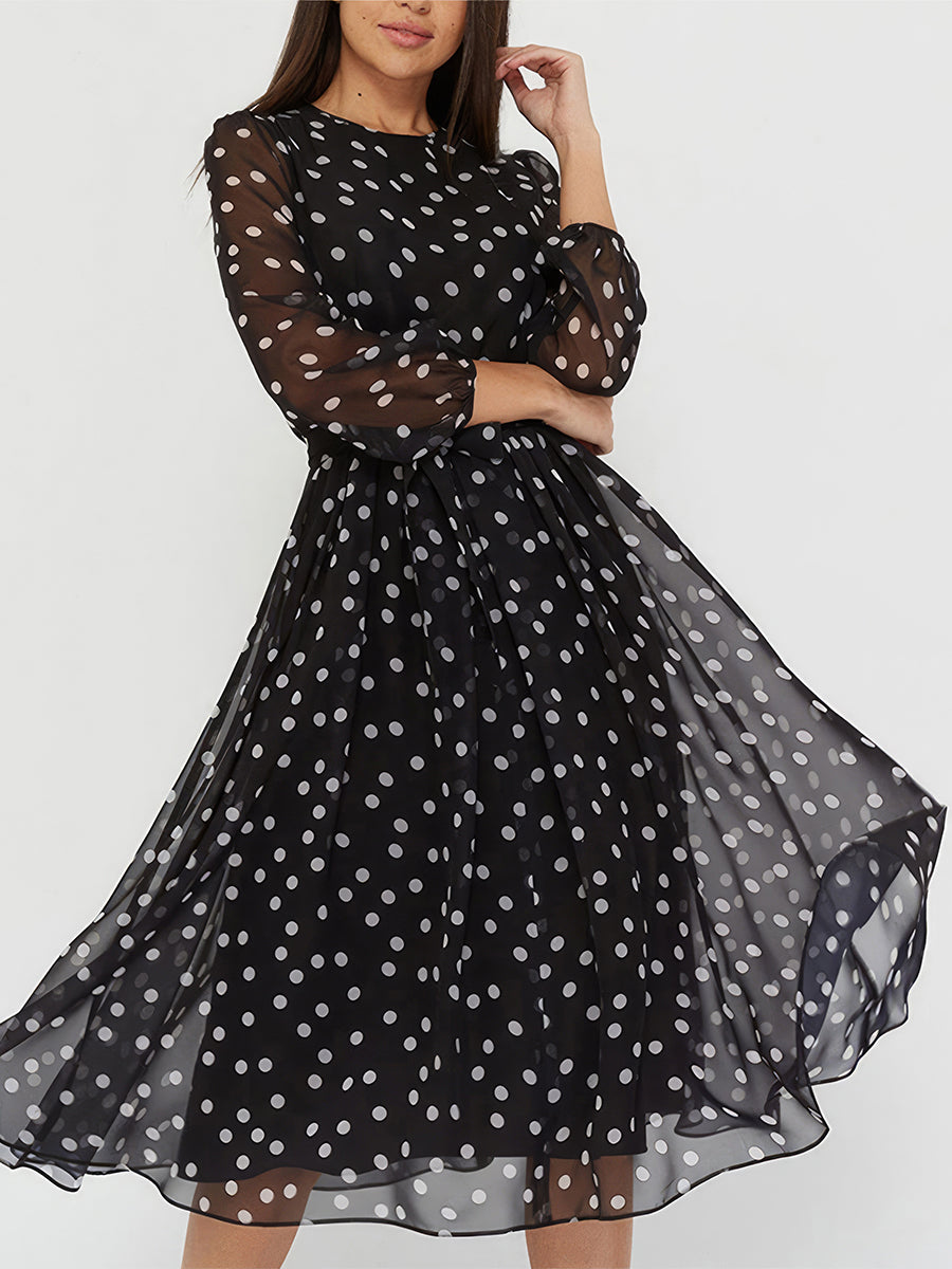 Women's Dresses Retro Chiffon Round Neck Polka Dot Long Sleeve Midi Dress