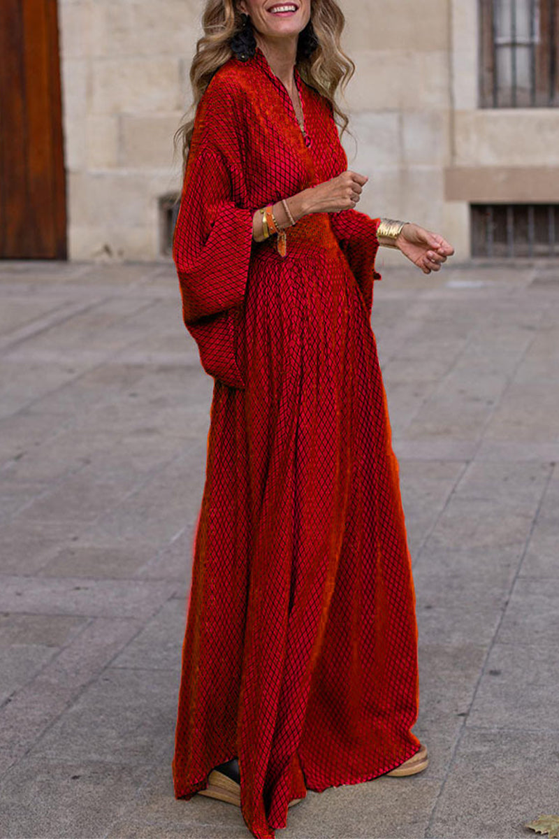 Casual Print V Neck Waist Skirt Dresses