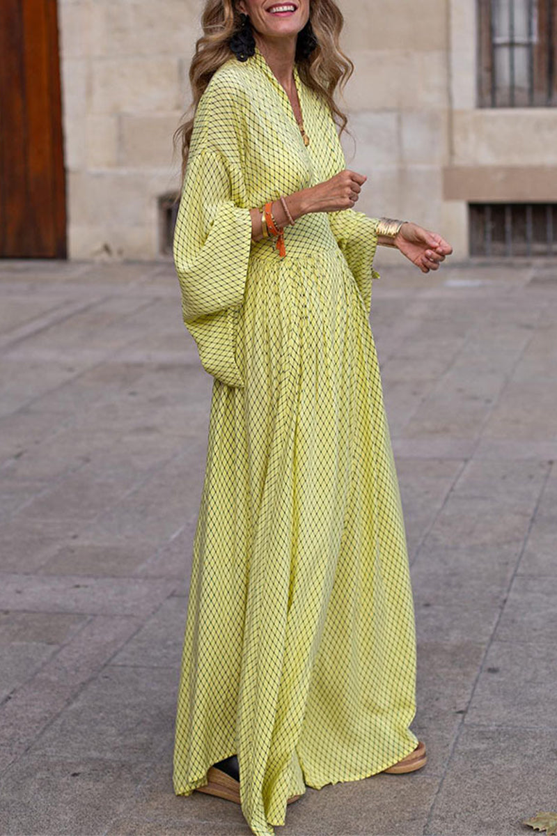 Casual Print V Neck Waist Skirt Dresses