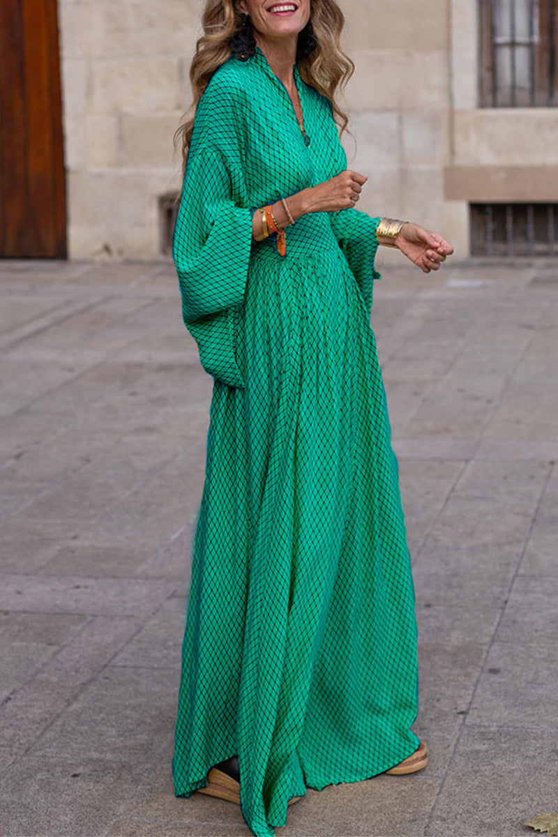 Casual Print V Neck Waist Skirt Dresses