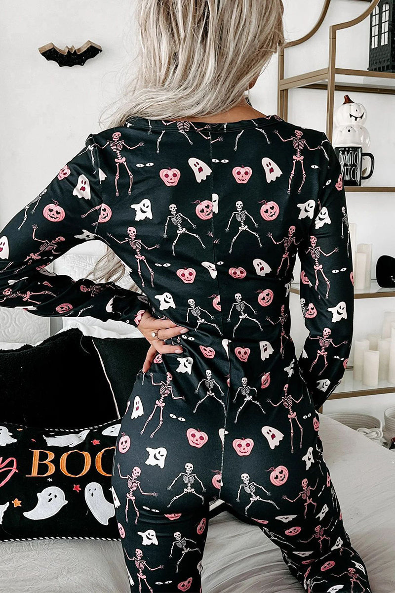 Casual Skull Printing V Neck Long Sleeve Two Pieces