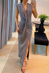 Casual Solid Slit V Neck Long Dress Dresses