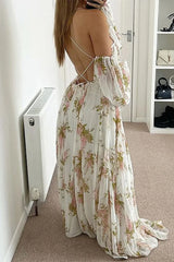 Elegant Floral Frenulum Backless V Neck Printed Dress Dresses