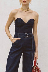 Casual Solid Pocket With Belt Strapless Sleeveless Denim Jumpsuits