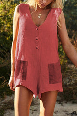 Button V Neck Sleeveless Romper
