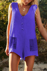 Button V Neck Sleeveless Romper