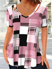 Women's Summer Hot Models Plaid Printing Short-sleeved Hollow V-neck T-shirt Female S,M,L,XL,XXL,3XL,4XL,5XL