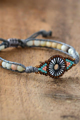 Boho Bracelet, Leather Wrap Bracelet, Weave Bracelet, Frosted Blue Amazonite