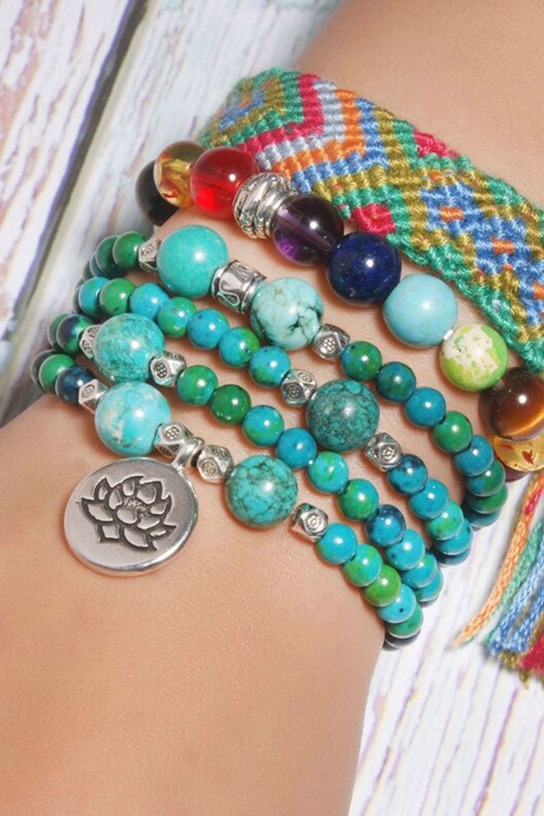 Boho Bracelet, Layers Blue Turquoise Mala Red Mantra Lotus