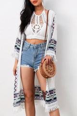 Boho Robe, Duster, Gypsy Flower in White Tribal Tassel