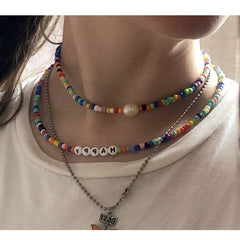 Boho Personalized Custom Necklace, Beads 2 Layered Choker, Pearl Rich Love Lucky Happy