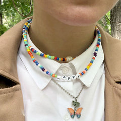 Boho Personalized Custom Necklace, Beads 2 Layered Choker, Pearl Rich Love Lucky Happy