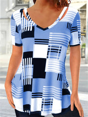 Women's Summer Hot Models Plaid Printing Short-sleeved Hollow V-neck T-shirt Female S,M,L,XL,XXL,3XL,4XL,5XL