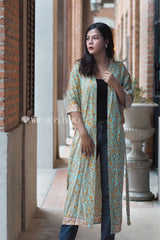 Boho Robe, Kimono Robe,  Beach Cover up, Vine Vintage Blue Gold