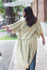 Boho Robe, Kimono Robe,  Beach Cover up, Vine Vintage Blue Gold