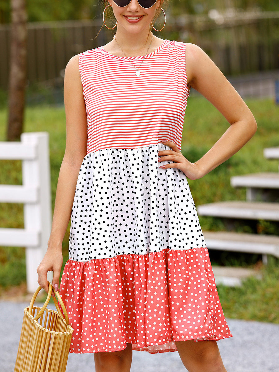 Women's Dresses Polka Dot Stitching Big Swing Sleeveless Mini Dress
