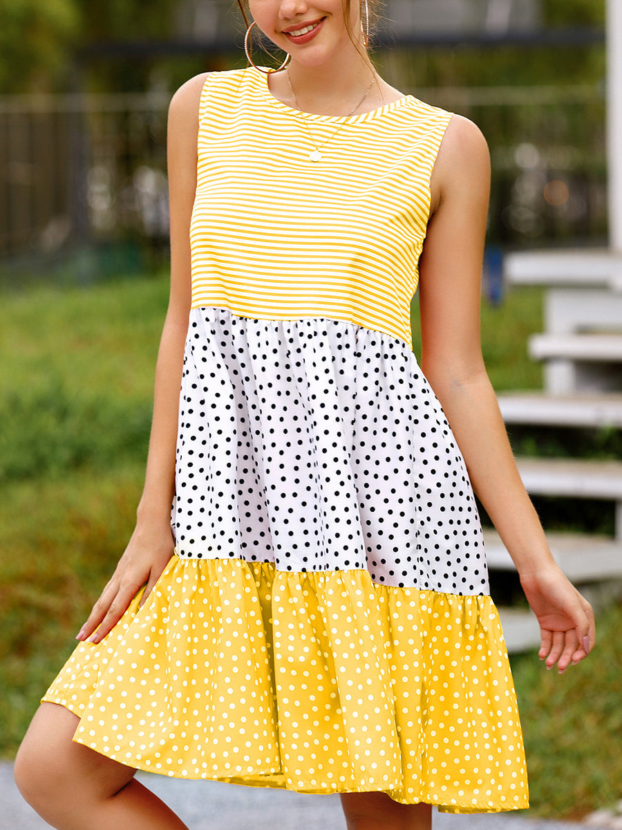 Women's Dresses Polka Dot Stitching Big Swing Sleeveless Mini Dress