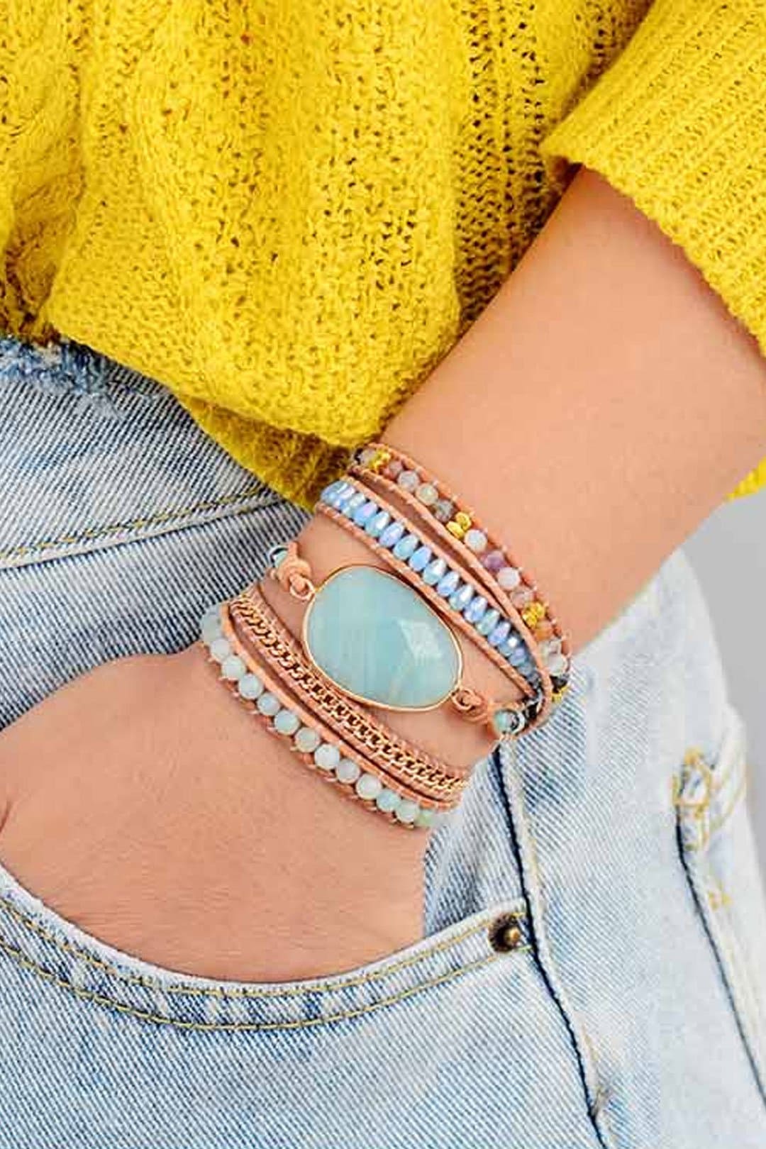 Boho Bracelet, 5 Layers Leather Wrap Bracelet, Handmade Natural Blue Stone Crystal