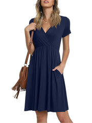 Women's Summer V-neck Solid Color Dress Gray Blue Black Casual Dresses S-2XL