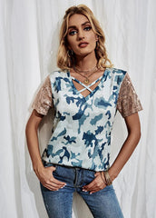 Cross Straps Patchwork V Neck Short Sleeve T-shirt