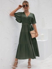 Short Sleeve V Neck Flowy Waist Wrap Maxi Dress