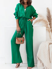 Draw String Button Up Long Sleeve Jumpsuit