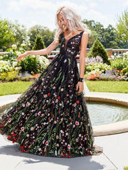 V Neck Floral Sleeveless Vintage Swing Maxi Dress