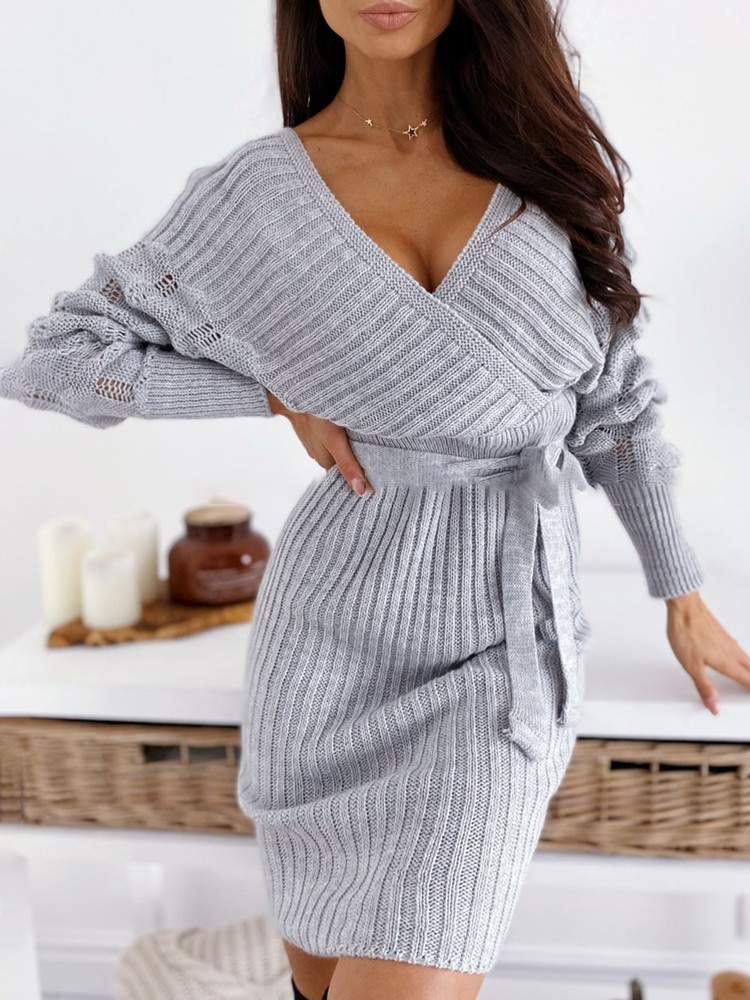 Cross V Neck Long Sleeve Tie Front Knit Sweater Dress