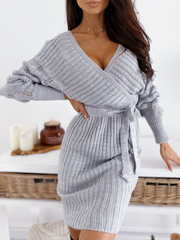 Cross V Neck Long Sleeve Tie Front Knit Sweater Dress