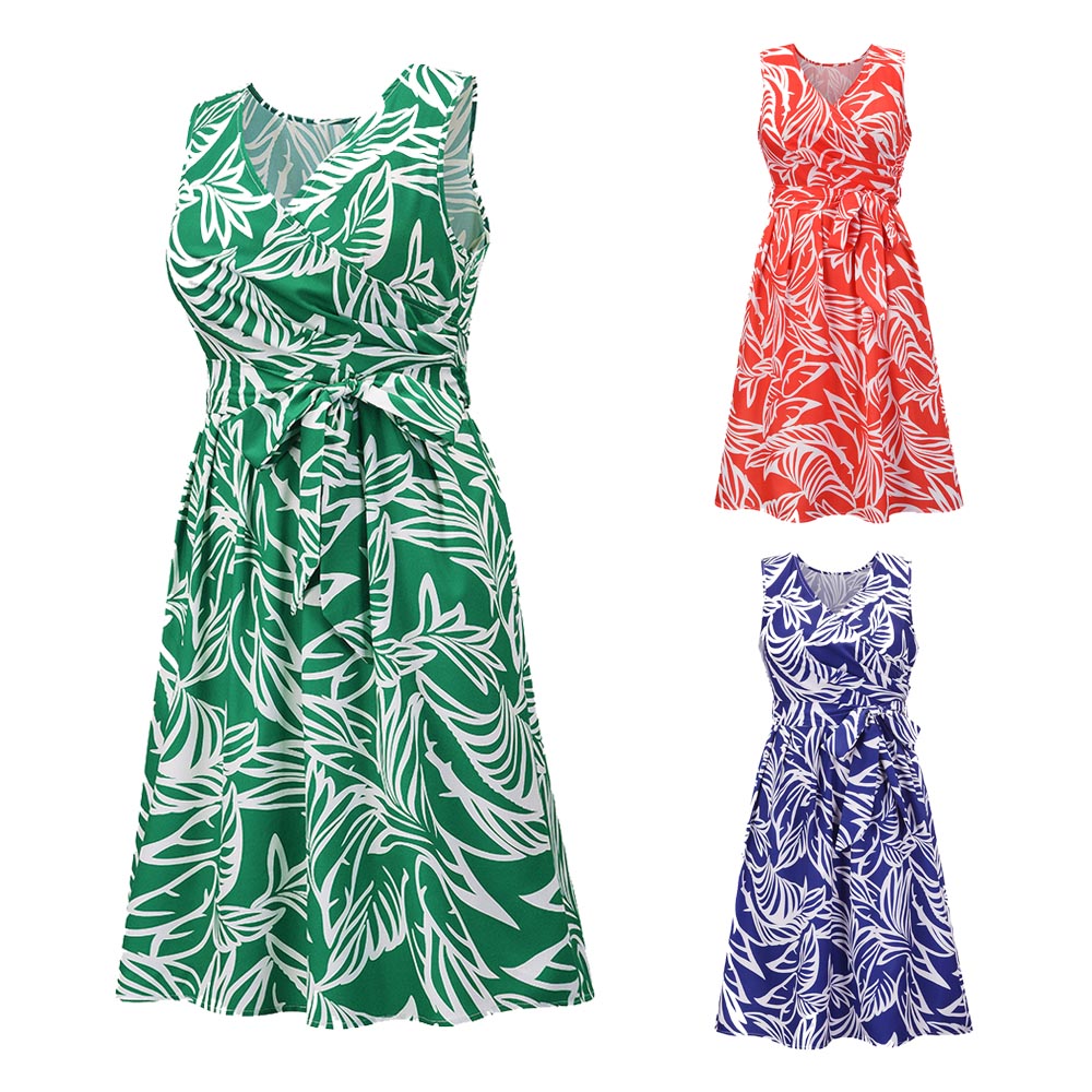 Sleeveless V Neck Tie Waist Floral Tank Midi Dress