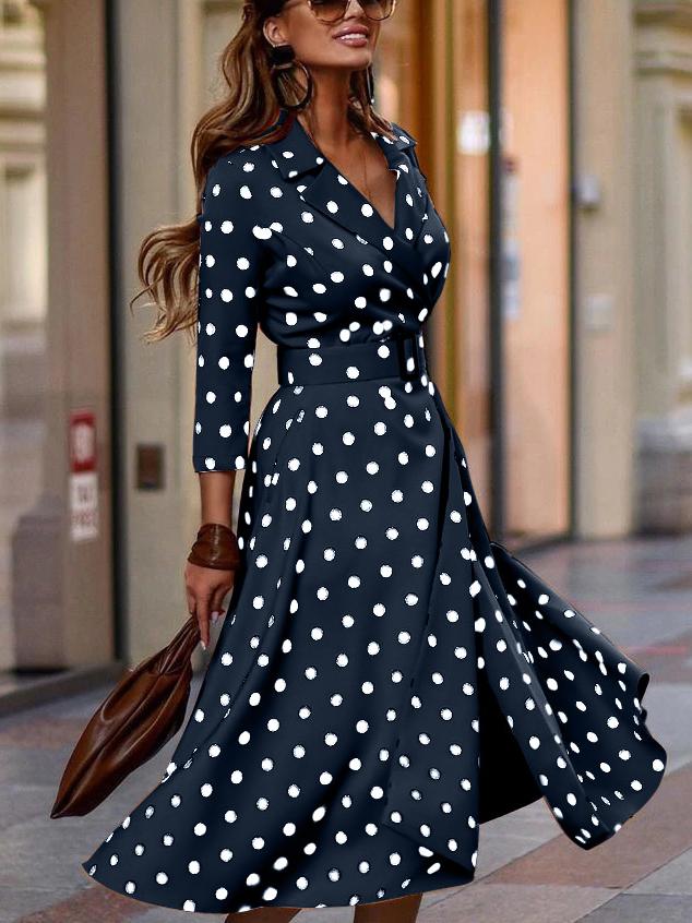 Polka Dot Turndown Collar Belted Maxi Dress