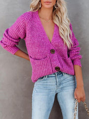 Deep V Neck Button Down Long Sleeve Sweater with Pockets