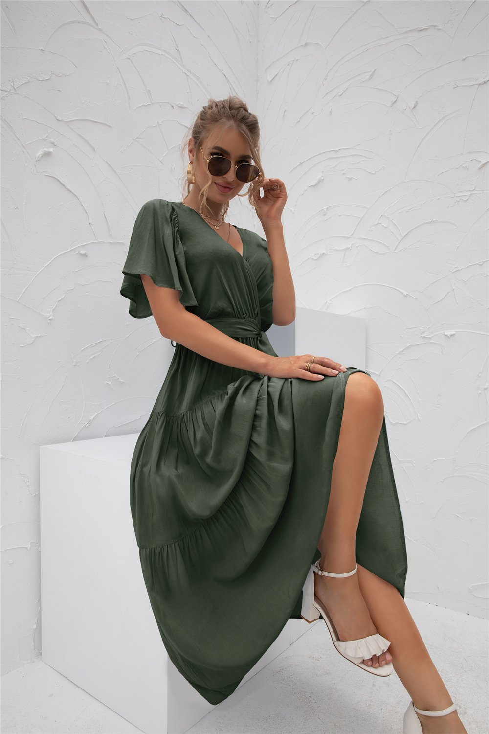 Short Sleeve V Neck Flowy Waist Wrap Maxi Dress