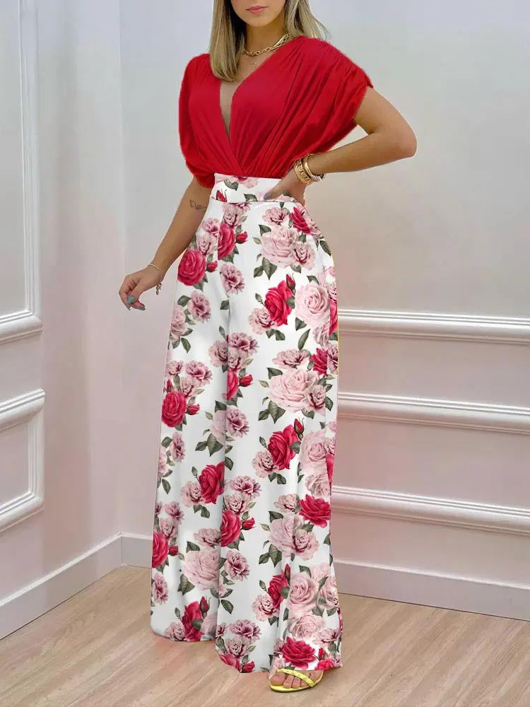High Waist Floral Deep V Neck Wide Long Legs Jumpsuit