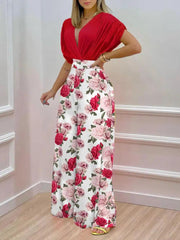 High Waist Floral Deep V Neck Wide Long Legs Jumpsuit