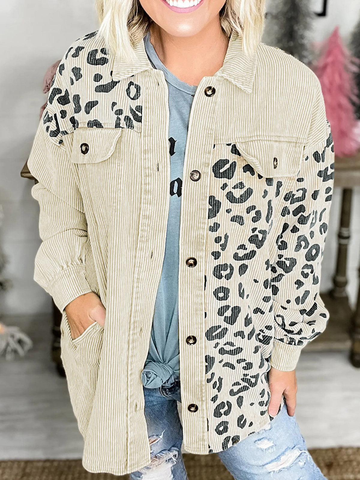 Turn Down Collar Button Long Sleeve Leopard Print Jacket