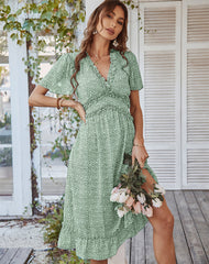 V-Neck Short Sleeves Printed Chiffon Midi Dress