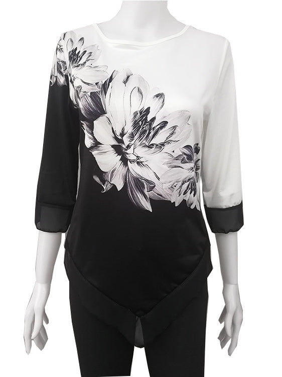 Fashion 3/4 Sleeve Round Neck Print Light Blouse Top