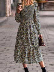 O-Neck Long Sleeve Printed Loose Midi Dress