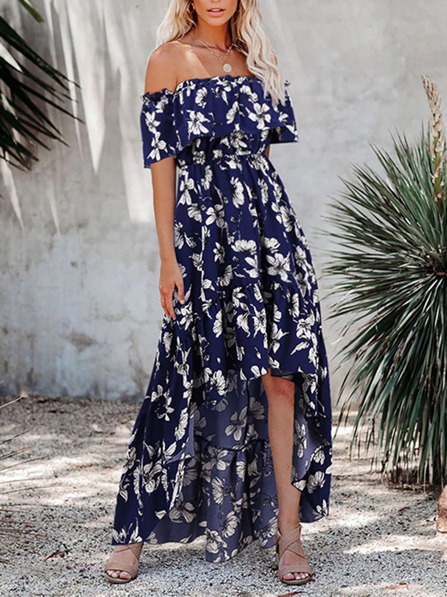 Off Shoulder Ruffle Floral Bodycon Maxi Dress