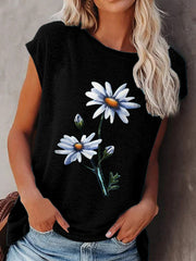 Round Neck Cap Sleeve Floral Printed Tank Top