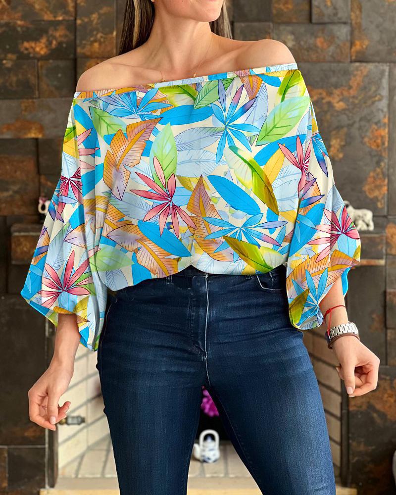 Off Shoulder Ruffle Sleeves Random Print Loose Blouse Top
