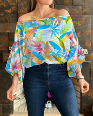 Off Shoulder Ruffle Sleeves Random Print Loose Blouse Top