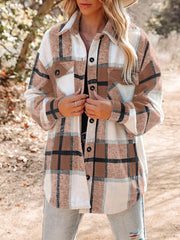 Turn Down Collar Plaid Buttoned Long Sleeve Jacket