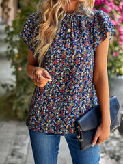 Casual Short Ruffled Sleeves O-Neck Printed Blouse Top