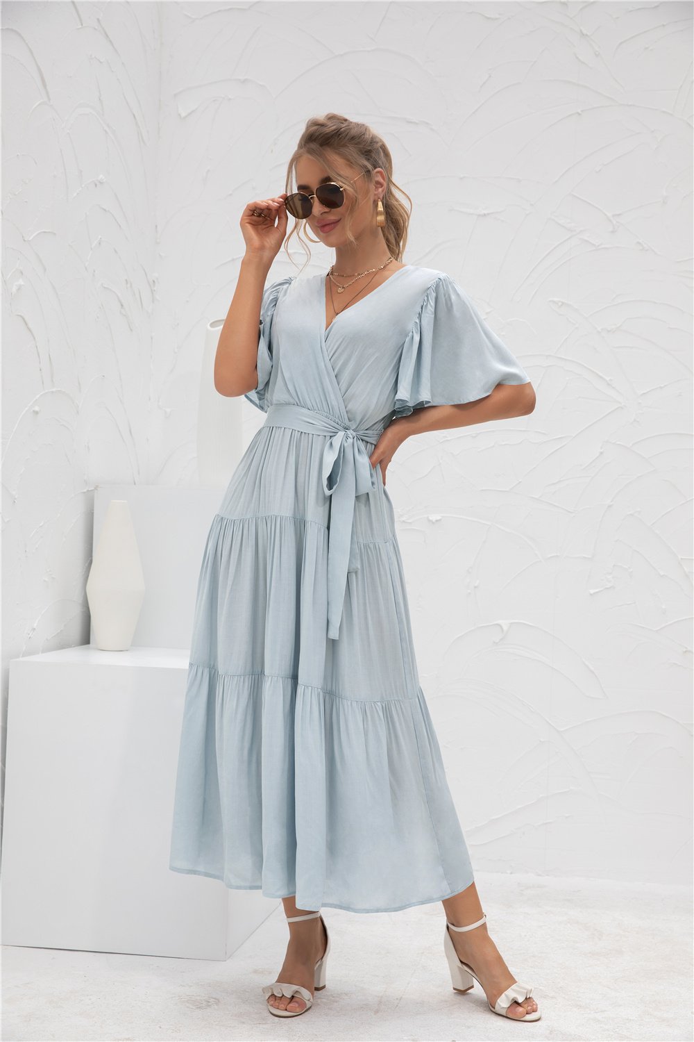 Short Sleeve V Neck Flowy Waist Wrap Maxi Dress