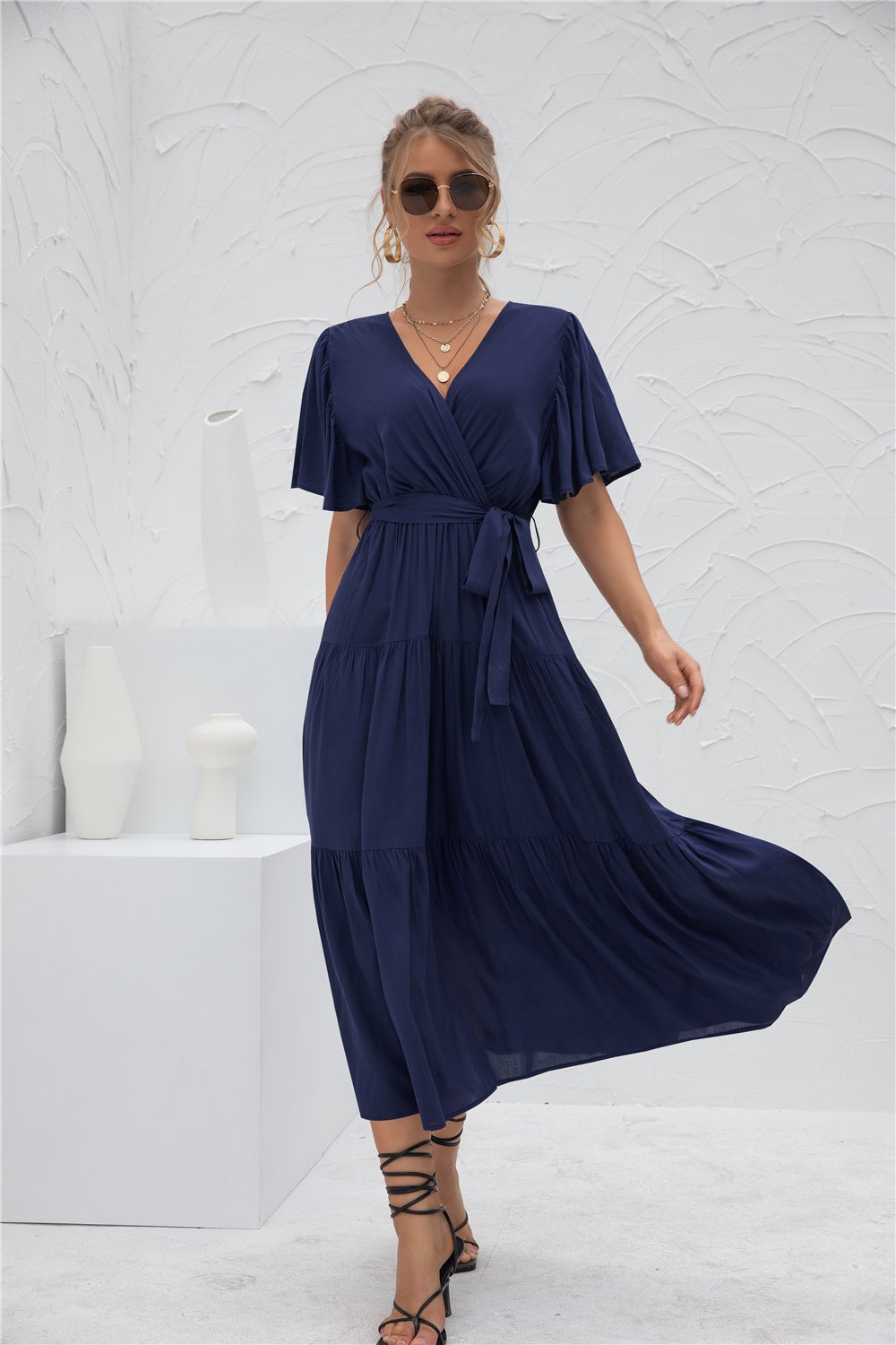 Short Sleeve V Neck Flowy Waist Wrap Maxi Dress
