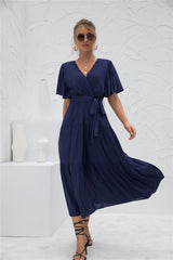 Short Sleeve V Neck Flowy Waist Wrap Maxi Dress