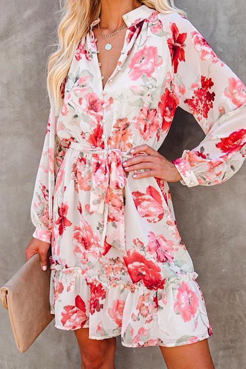 Buttons Tie Waist Printed Ruffle Dress