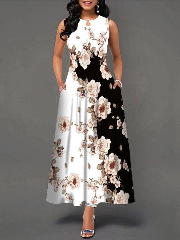 Sleeveless Flower Print Pleated Flared Round Neck Maxi Dress